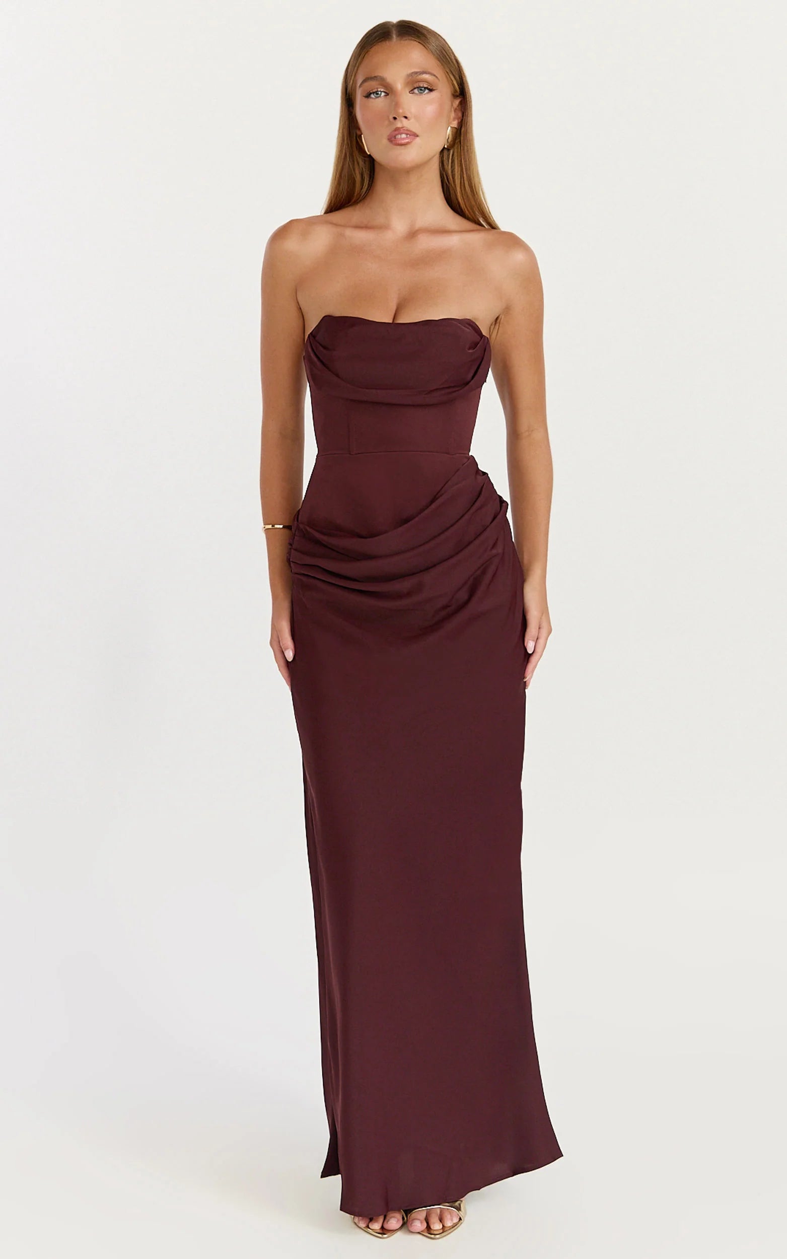 Strapless Structured Bodice Drape Skirt Dress in Plum
