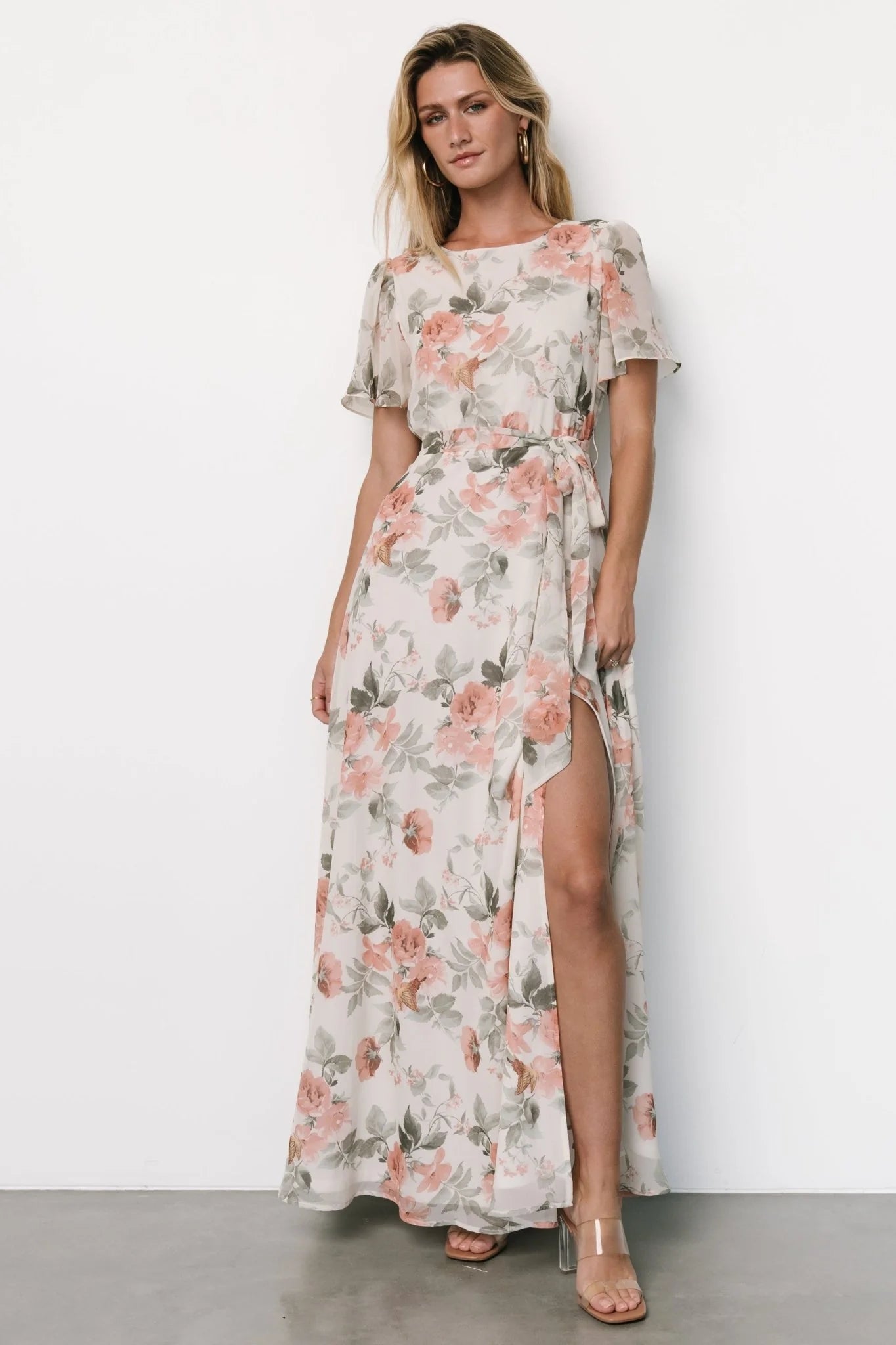 Naomi Short Sleeve Maxi Dress | Ivory + Coral Floral