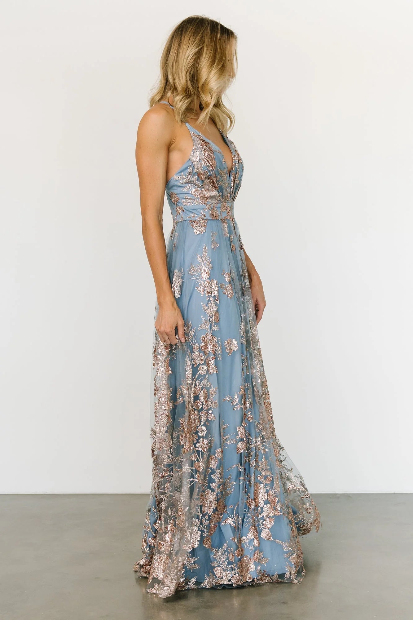 Lucienne Shimmer Maxi Gown | Light Blue + Rose Gold