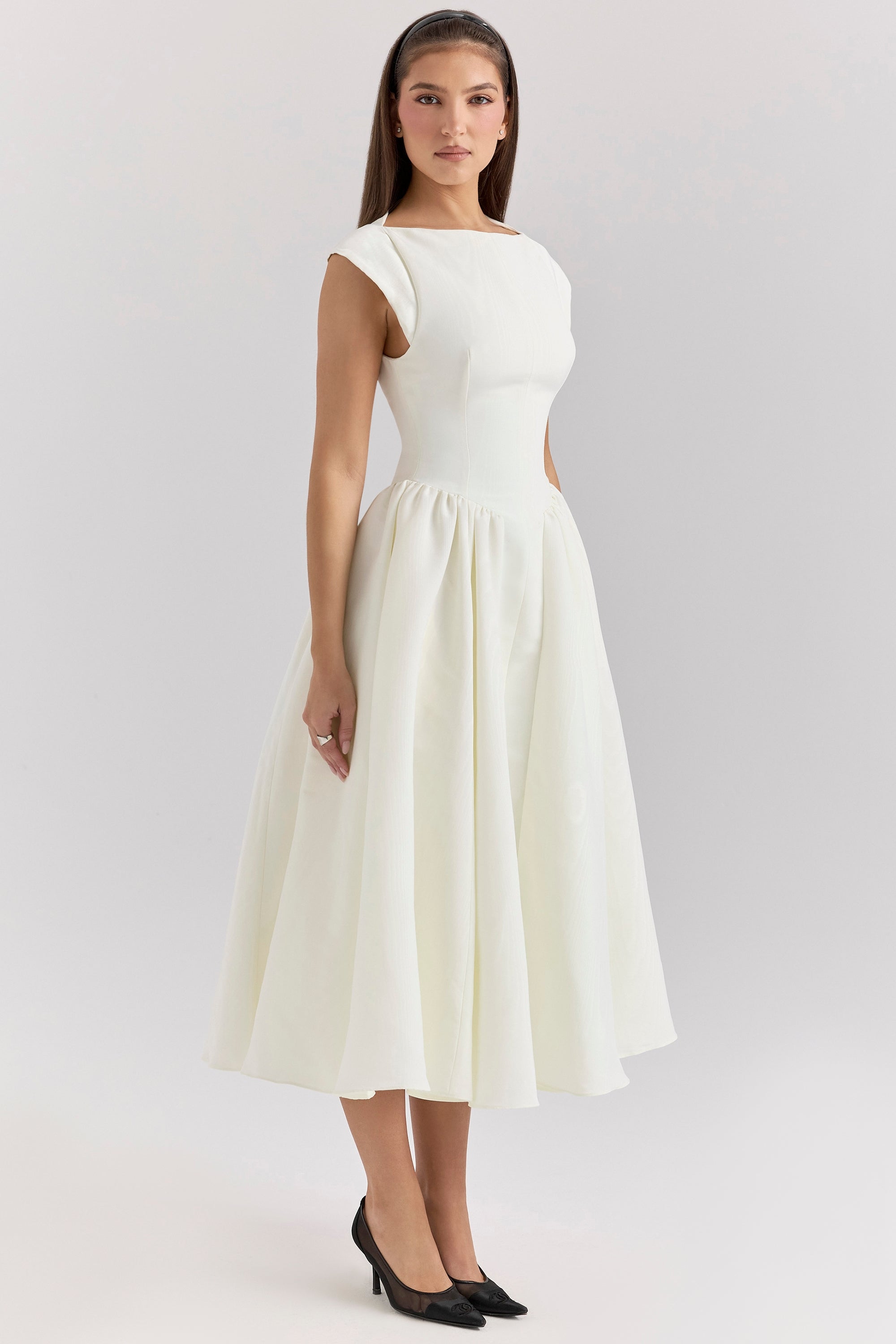 Debutante-Ivory Moire Satin Midi Dress